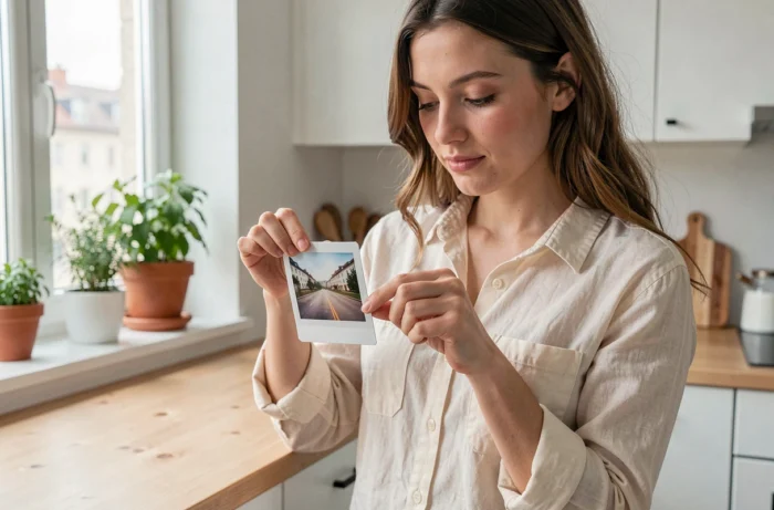 Jeune femme tenant délicatement une photo Polaroid fraîchement développée face vers le bas pour la faire sécher correctement