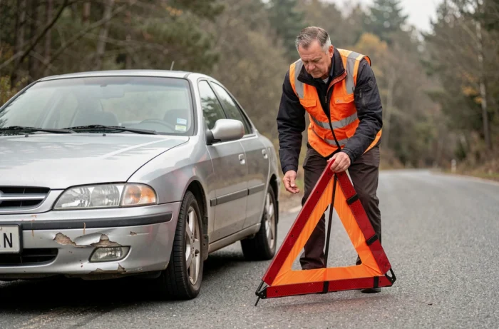 Homme en gilet de sécurité orange plaçant un triangle de signalisation derrière son véhicule accidenté sur une route rurale