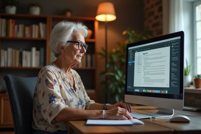 Femme senior lisant une page d'aide pour résoudre un problème de connexion à son espace client en ligne