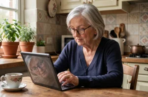 Femme senior utilisant une tablette pour naviguer sur Internet dans sa cuisine