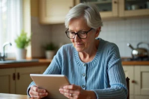 Femme senior utilisant une tablette numérique dans une cuisine chaleureuse pour naviguer sur Internet en toute sécurité