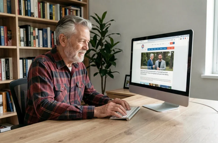 Homme senior lisant les actualités en ligne sur un ordinateur de bureau à domicile