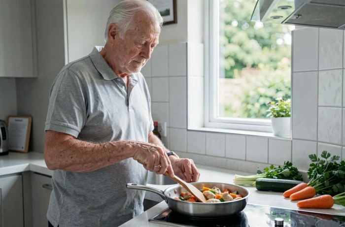 Un homme âgé prépare un sauté de poulet et légumes dans une cuisine moderne