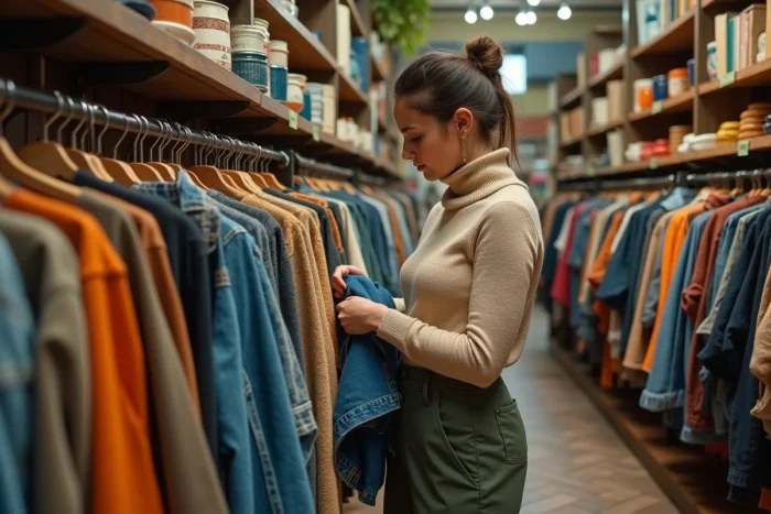 Jeune femme faisant du shopping dans une friperie vintage pour adopter une mode responsable et durable