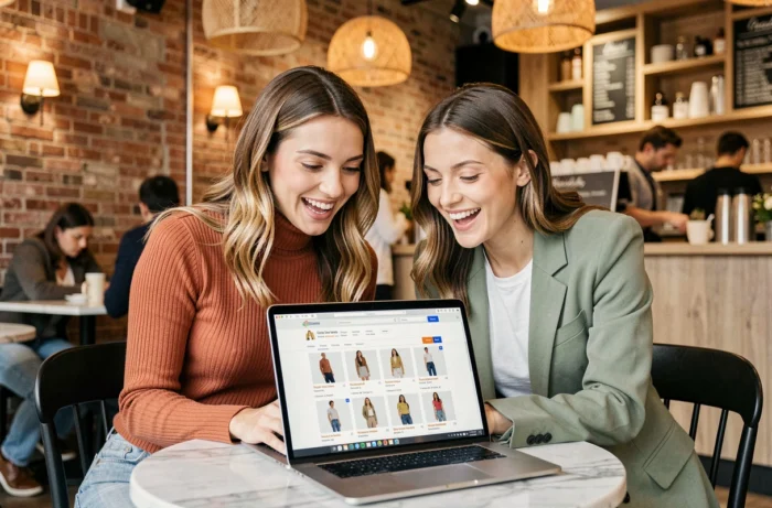 Deux amies faisant du shopping mode ensemble sur un ordinateur portable dans un café urbain tendance