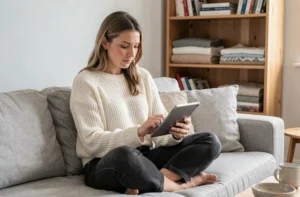 Femme faisant du shopping mode en ligne sur une tablette, assise sur un canapé en lin gris dans un salon scandinave épuré
