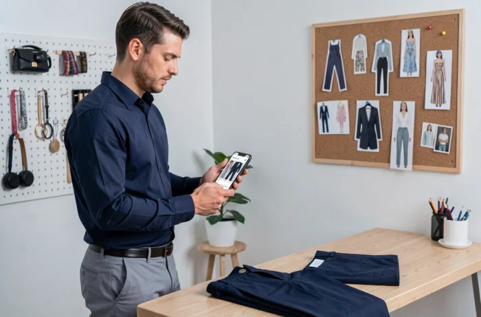 Homme comparant des vêtements sur smartphone dans un bureau minimaliste, consultant un site de mode en ligne