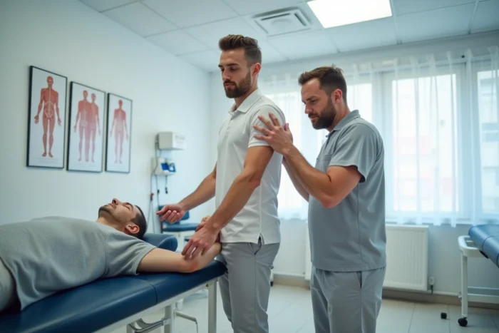 Homme en stage de kinésithérapie pratiquant une manipulation sur l'épaule d'un patient sous la supervision d'un professionnel en cabinet