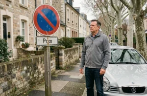 Homme devant un panneau de stationnement interdit dans une rue résidentielle française
