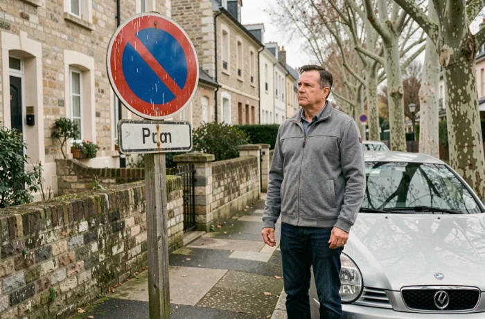 Homme devant un panneau de stationnement interdit dans une rue résidentielle française