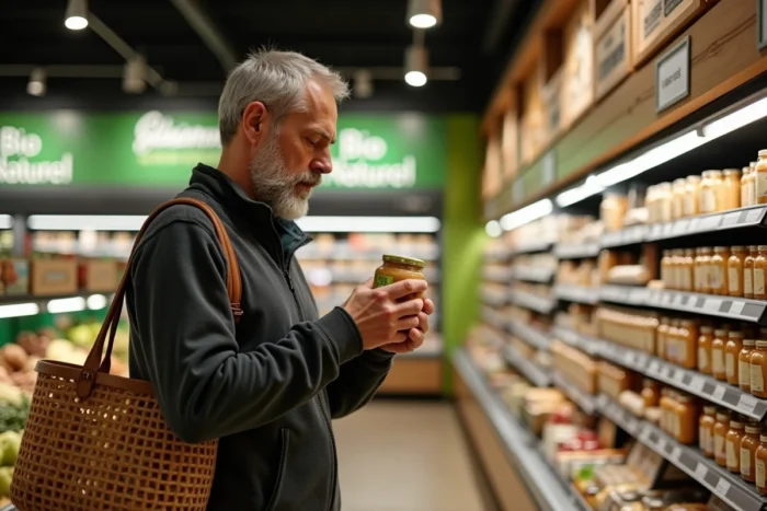 Homme lisant l'étiquette d'un pot de tahini bio dans le rayon biologique d'une grande surface