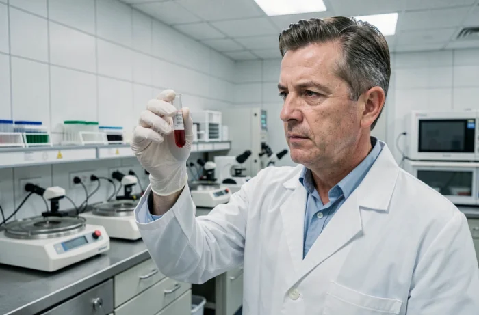Technicien de laboratoire analysant un tube d'échantillon sanguin en laboratoire médical