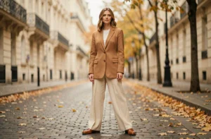 Femme en blazer oversize camel et pantalon large crème dans une rue pavée parisienne en automne, look mode tendance saison