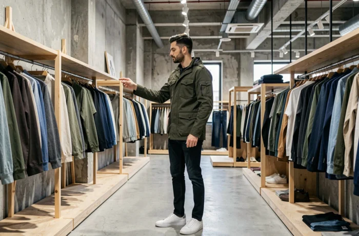 Homme en veste utility kaki structurée et jean slim dans un concept store moderne, tendances mode masculine saison automne-hiver
