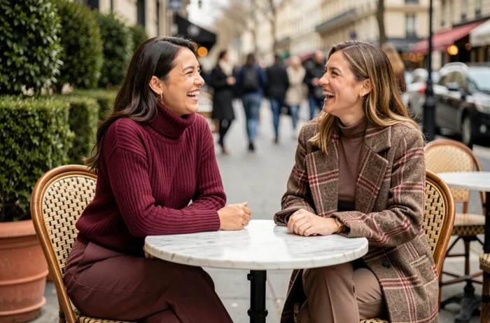 Deux femmes élégantes en pull col roulé et manteau à carreaux riant à une terrasse de café parisien, tendances mode automne
