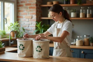 Femme triant des déchets recyclables dans une cuisine moderne et écologique avec des bocaux en verre et des bacs en tissu