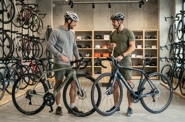 Deux cyclistes comparant les groupes Shimano et SRAM sur des vélos Van Rysel RCR dans un magasin de cyclisme moderne