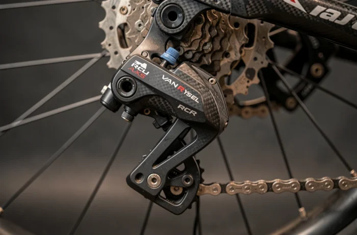 Gros plan sur le groupe SRAM Red AXS électronique monté sur un Van Rysel RCR, détail du dérailleur arrière et de la cassette