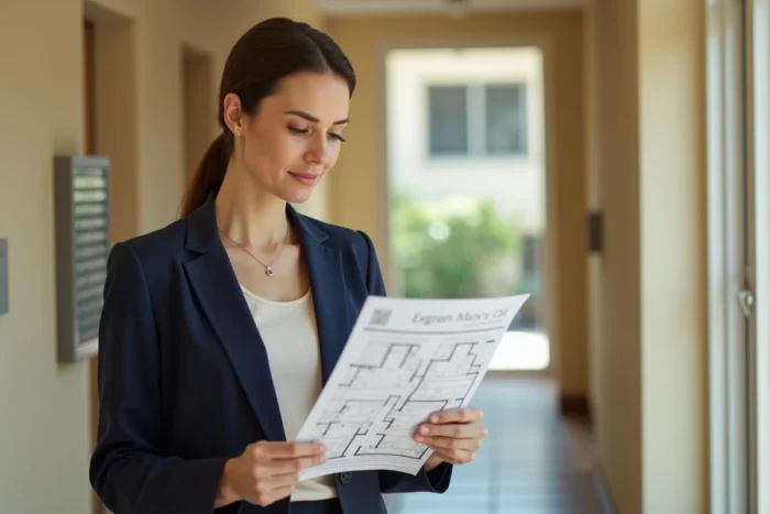 Propriétaire en copropriété consultant un plan de sol pour vérifier la conformité des dimensions d'une place en jouissance dans un couloir résidentiel