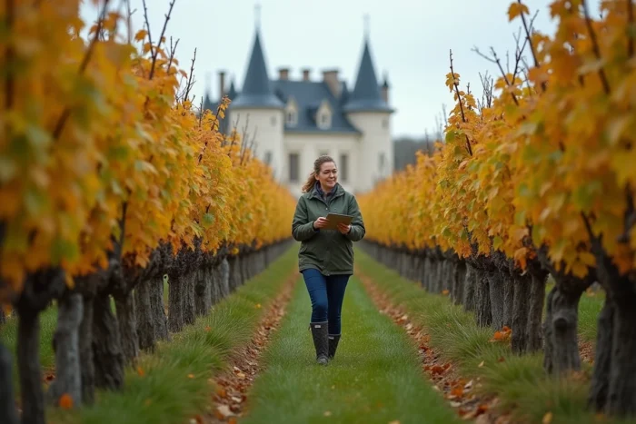 Vignes anciennes en rangs convergeant vers un château Renaissance en tuffeau dans le Val de Loire en automne