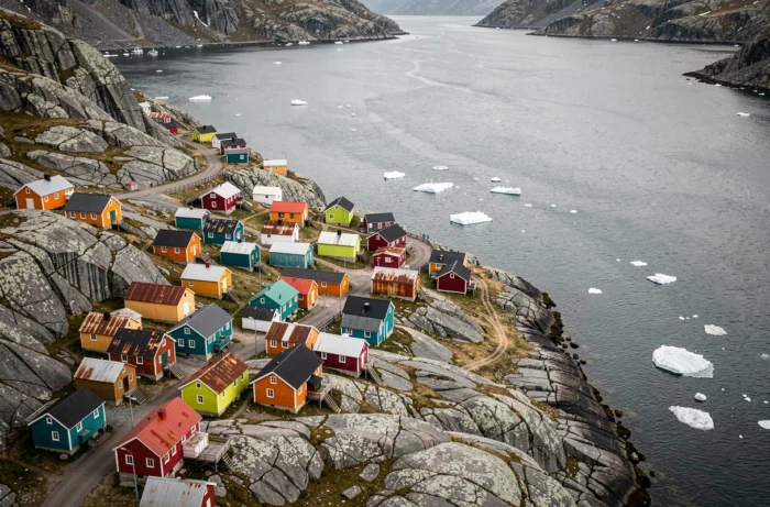 Vue aérienne d'un village inuit côtier au Groenland avec maisons multicolores sur une colline rocheuse face à un fjord arctique
