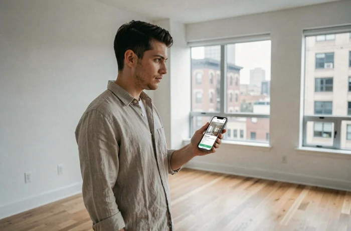 Jeune homme visitant un appartement vide lors d'une recherche de location en milieu urbain