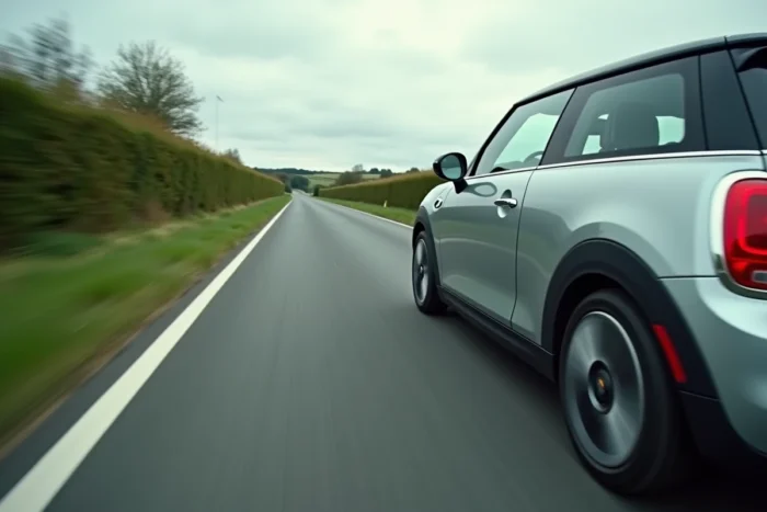 Voiture compacte en accélération sur route de campagne illustrant la relation entre puissance en chevaux et vitesse en km/h