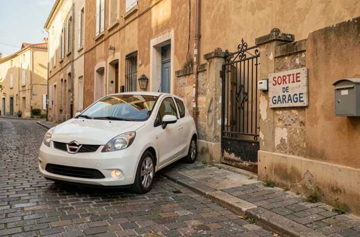 Voiture garée devant une sortie de garage privée avec panneau de stationnement gênant